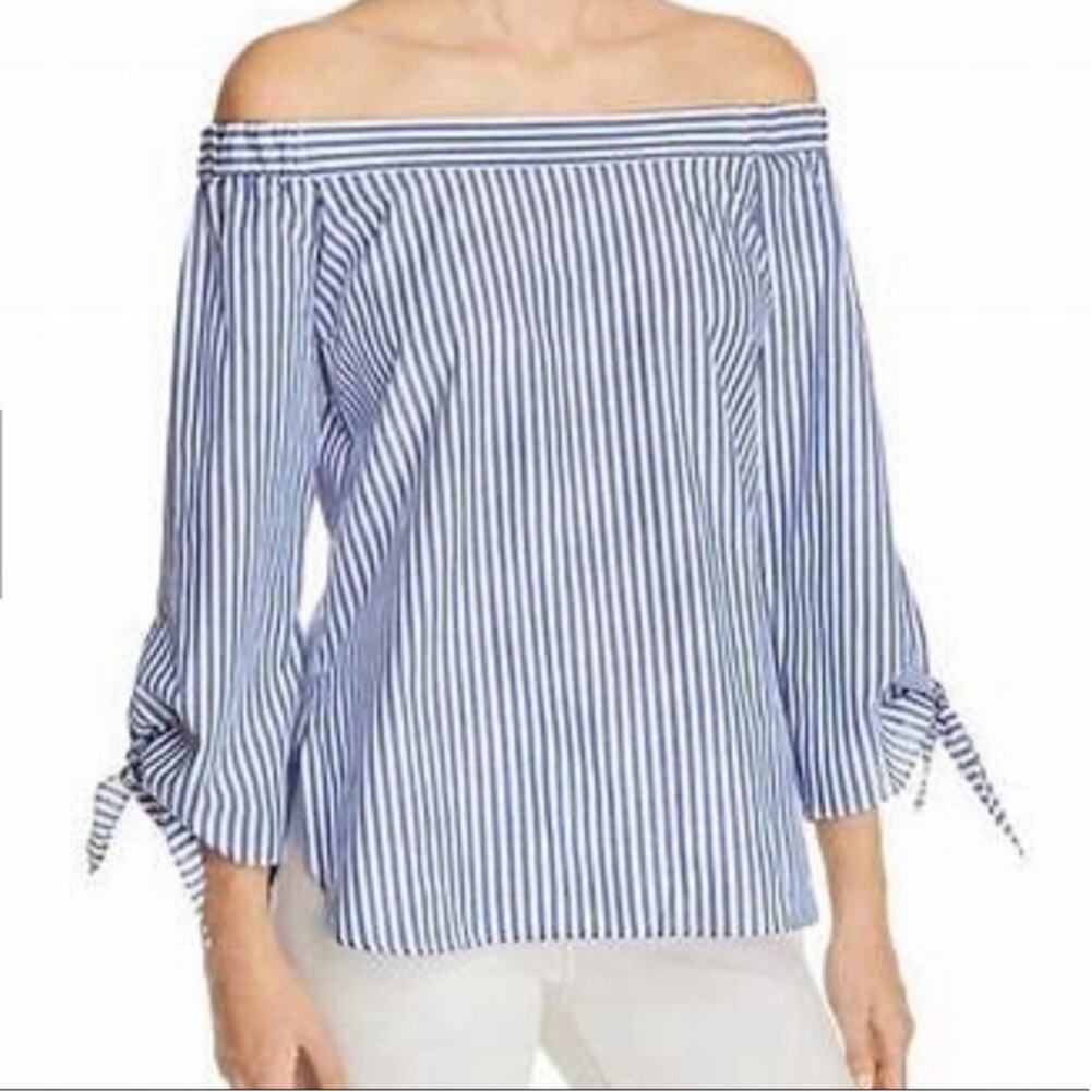 Bardot | Blue and White Striped Off the Shoulder Top Size 6/S
